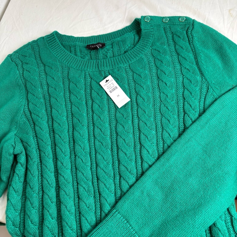 TALBOTS Kelly Green Cable Knit Crew Neck Cotton Blend Sweater *New w Tags* M - Picture 2 of 11